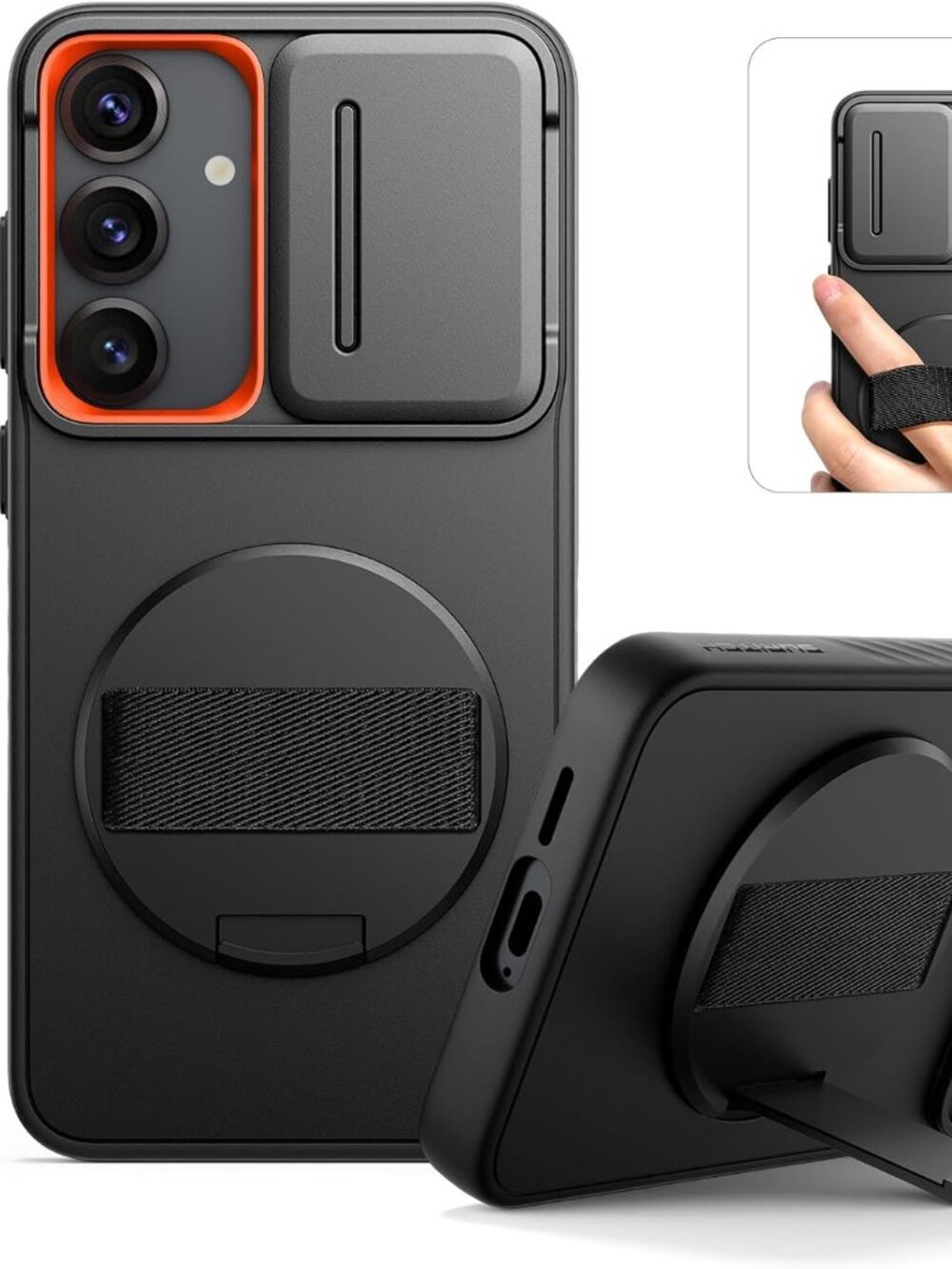 SURITCH Samsung Galaxy S25 Case 360° Hand Strap Kickstand Camera Cover Black